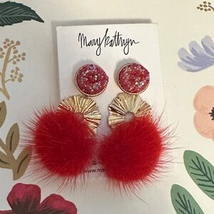 Earrings with Red and Gold Pom Poms